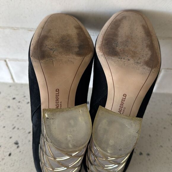 Karl Lagerfeld Black Leather Suede Ankle Boots Geometric Gold Block Heel Sz 8.5 - Picture 8 of 16